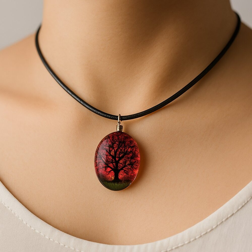 Oval Resin Red Floral Tree Pendant Necklace - 18" Black Cord Fashion Jewelry